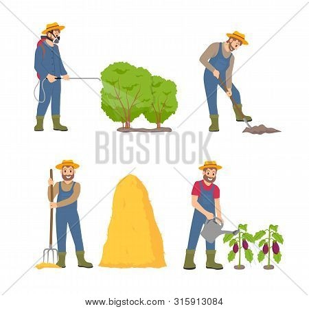 Farming Cultivation And People Vector. Spraying Man With Sprayer, Farmer Holding Spade And Digging S