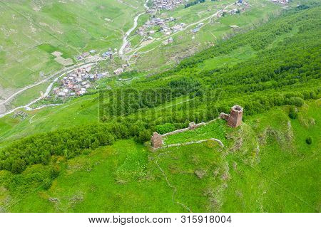 View Of The Ushguli Village And Upper Chazhash Castle In Ushguli Or Summer Residence Of Queen Tamara