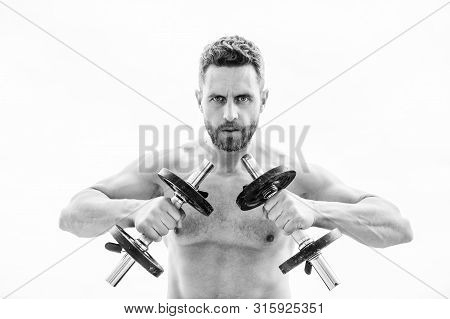 Go Wild. Success. Perfect Biceps. Muscular Man Exercising In Morning With Barbell. Man Sportsman Wei