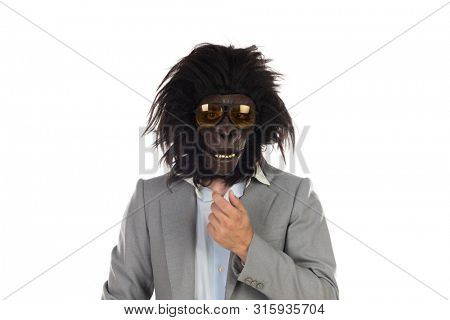 Businessman with gorilla head gesturing isolated on a white background