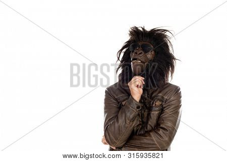 Man with gorilla head isolated on a white background