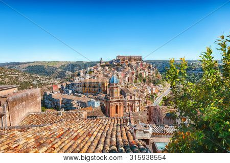 Sunrise  At The Old Baroque Town Of Ragusa Ibla In Sicily. Historic Center Called Ibla Builded In La