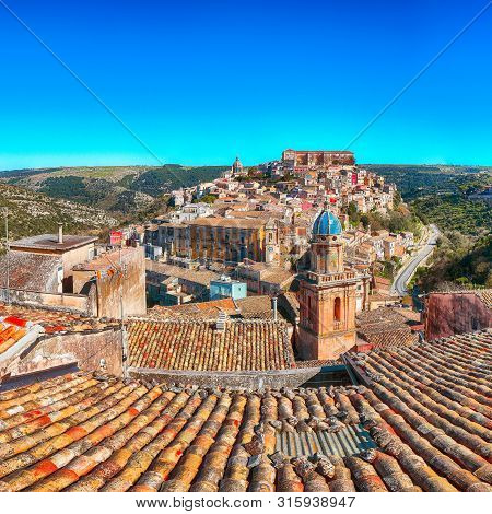 Sunrise  At The Old Baroque Town Of Ragusa Ibla In Sicily. Historic Center Called Ibla Builded In La