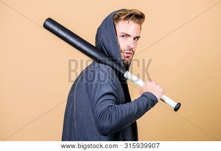 Man Bully Guy With Baseball Bat. Strong And Confident. Self Defence. Sport Equipment. Sportsman Stro