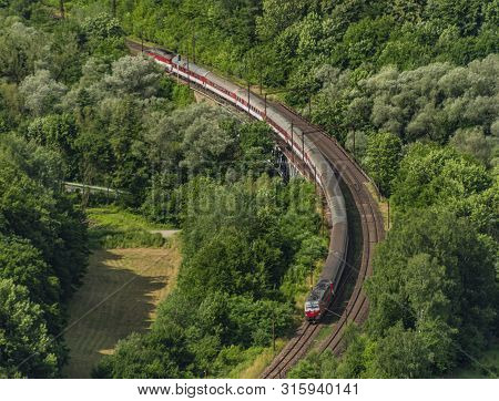 Fast Sloavakia Train From Skalka View Point Near Kysak Station In Summer Hot Morning