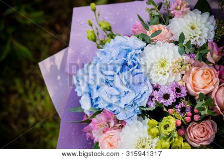 Beautiful Blossoming Flower Bouquet Of Fresh Hydrangea, Roses, Eustoma, Mattiola, Flowers In Blue, P