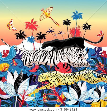 Beautiful Bright Illustration Of A Wild Cat In The Jungle On A Summer Day. An Example Of Jungle Natu