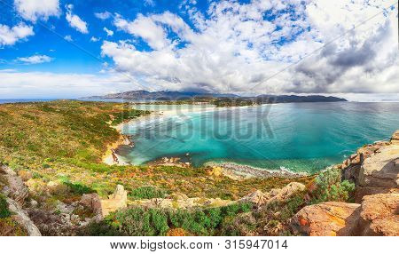 Fantastic View On Lagoon Of Porto Giunco With Turquoise Water And Old Tower. Location: Villasimius, 