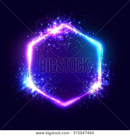 Neon Hexagon Frame Purple Pink Violet Color On Dark Blue Background. Vector Template Of Wiring Neon 