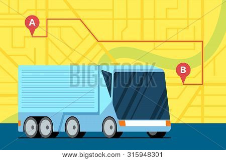 Modern Cargo Truck Trailer Logistic On City Map With Route A To B Geotag Gps Navigator Location Pin 
