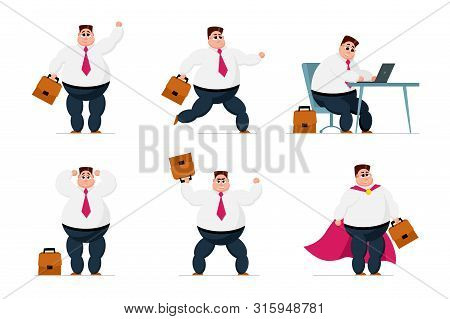Businessman Collection. Office Fat Worker Business Men In Different Situations Set. Manager Cartoon 