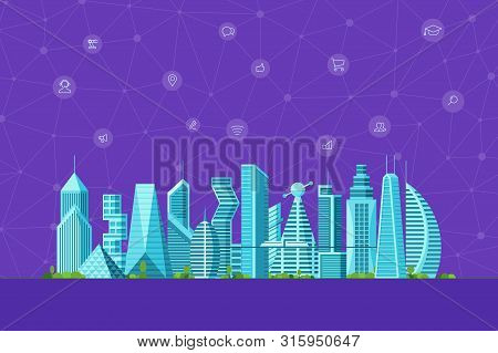 Future Smart City Concept. Urban Cityscape Contemporary Skyscraper Buildings With Infographic Social