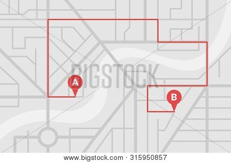 City Street Map Plan With Gps Pins And Navigation Route From A To B Point Markers. Vector Gray Color