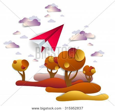 Origami Paper Plane Toy Flying In The Autumn Sky Over Red And Yellow Meadows And Trees, Perfect Vect