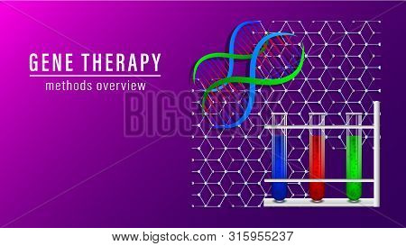 Gene Therapy Banner. Dna Scheme, Test Tubes With Multi-colored Liquids. Vector Illustration