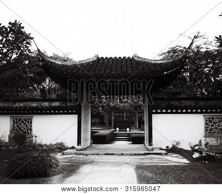 Chinese Temple Retro In Black And White