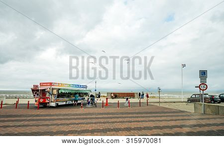Overveen, Netherlands - Aug 16, 2019: Summer Inside Ice Cream Shop Selling Point On The Beach With M