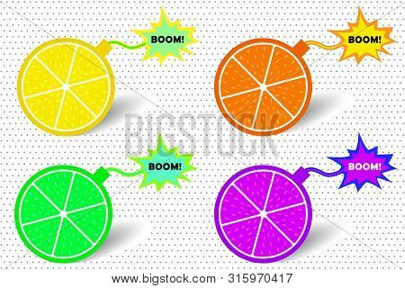 Set Of Grenades Made From Citrus Lemon, Orange, Lime In Comic Or Cartoon Style, Concept Of Explosion