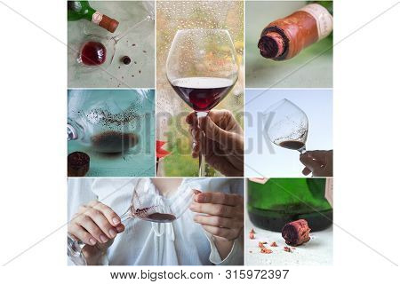 Collage With Different Views Of Sediment In A Glass Of Old Wine. Sediment In Wine.