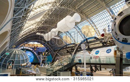 Moscow, Russia - November 28, 2018: Interior exhibition in the Space pavilion at VDNH. Modern museum of russian cosmos exploration