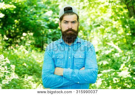 Fashion Portrait Of Man. Hair Beard Care. Guy In Forest. Summer Camping. Serious Bearded Man. Mature