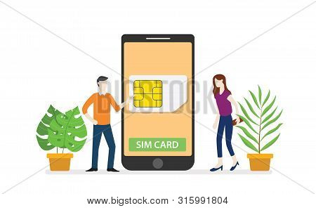 Sim Card Or Simcard Mobile Technology Network With Smartphone And People Standing On Smartphone With