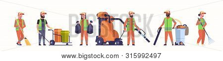 Set Janitors Team Gathering Trash Mix Race Cleaners Using Vacuum Cleaner Rack And Broom Streets Clea