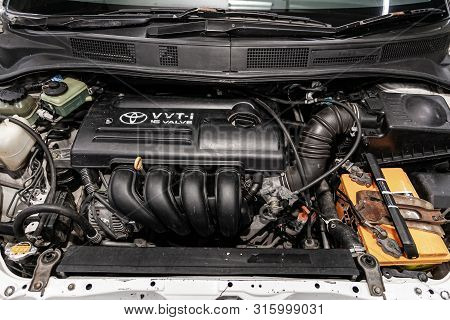 Novosibirsk, Russia - July 17, 2019:  Toyota Opa , Close-up Of The Engine, Front View. Internal Comb