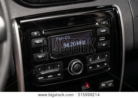Novosibirsk, Russia - July 17, 2019:  Nissan Terrano,  Car Control Panel Of Audio Player, Radio And 