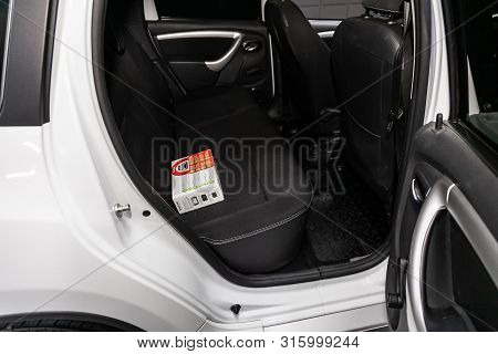 Novosibirsk, Russia - July 17, 2019:  Nissan Terrano, Close-up Of The Black  Rear Seats With Seats B