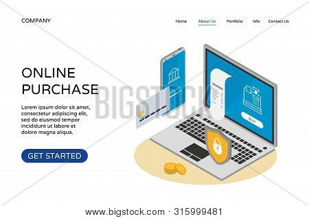 Safe And Easy E-payments Online Purchase On Smartphone Using Financial App. Isometric 3d Mobile And 