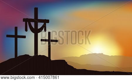 Three Crosses For Crucifixion Stand On Mount Golgotha Against The Background Of Sunrise