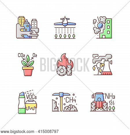 Air Pollution Rgb Color Icons Set. People Damaging Planet Environment And Atmosphere. Rubish After P