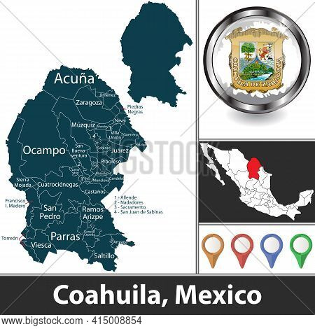 State Of Coahuila With Municipalities And Location On Mexican Map. Vector Image
