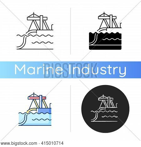 Underwater Pipeline Installation Icon. Laying Pipe On Seabed. Submarine Pipeline Construction. Burie