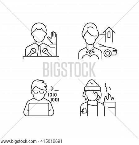 Social Status Type Linear Icons Set. Political Elite. Upper And Lower Class. Programmer, Computer Ex