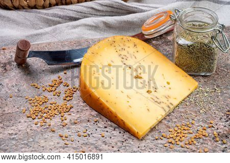 Cheese Collection, Piece Of Hard Yellow Dutch Gouda Cheese With Dried Caraway Or Cumin Seeds