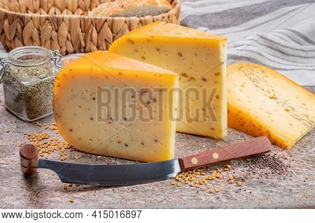 Cheese Collection, Pieces Of Hard Yellow Dutch Gouda Cheese With Dried Caraway, Mustard, Cumin, Fenu
