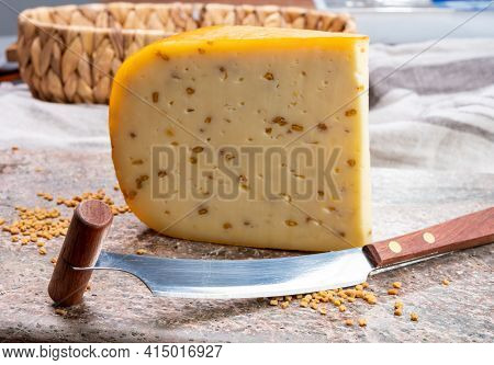 Cheese Collection, Piece Of Hard Yellow Dutch Gouda Cheese With Dried Fenugreek Seeds