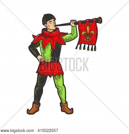 Medieval Trumpeter Color Sketch Engraving Vector Illustration. T-shirt Apparel Print Design. Scratch