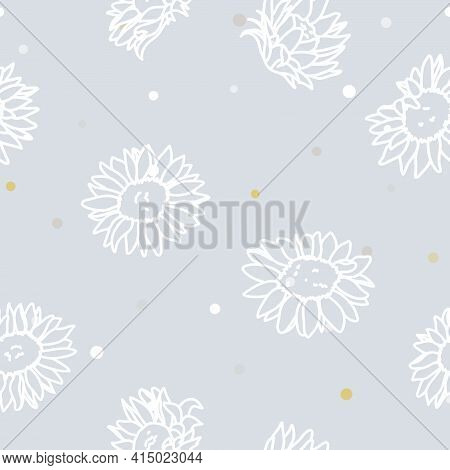 Vector White Lineart Sunflower With Natural Colored Confetti On Soft Gray Seamless Pattern Backgroun