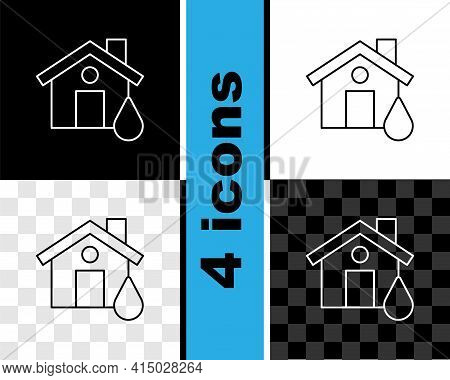 Set Line House Flood Icon Isolated On Black And White, Transparent Background. Home Flooding Under W