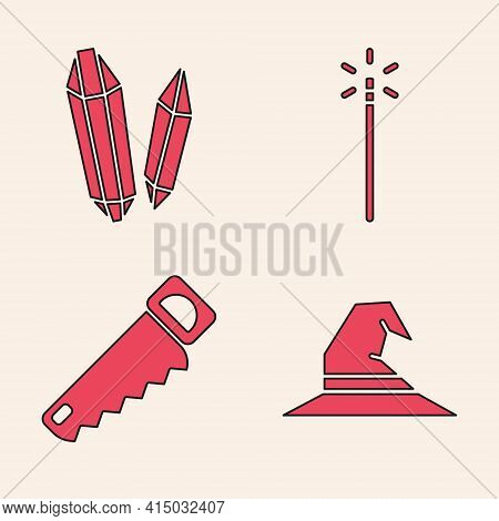 Set Witch Hat, Magic Stone, Magic Wand And Hand Saw Icon. Vector
