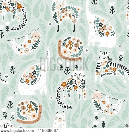 Seamless Pattern With Cute Floral Elephant, Llama, Sloth, Tiger, Cheetah, Snail. Creative Blooming T