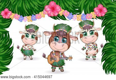 Tropical New Year 2021, Celebration. Group Of Cows And Bulls As Hula Dancers With Acoustic Ukulele G