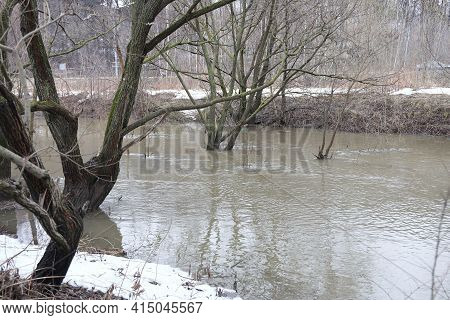 High Water On A Small River In The Moscow Region, High Water Level On The Bitsa River, Submerged Tre