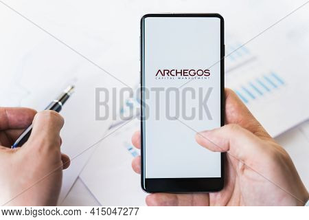 Russia Moscow 29.03.2021 Mobile Phone With Logo Of Archegos Capital Management.investment Finance Co