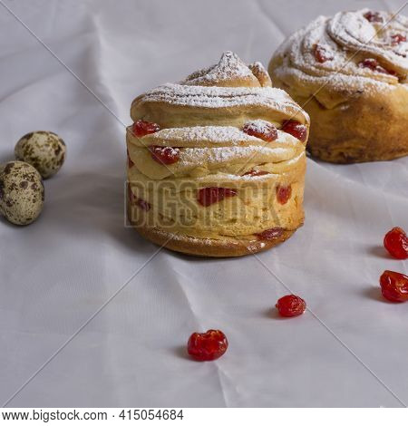 Easter Cake Craffin. Craffins With Dried Cherries, Sprinkled With Powdered Sugar. Close-up Of Homema