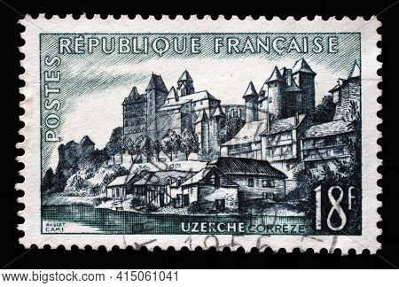 ZAGREB, CROATIA - SEPTEMBER 09, 2014: Stamp printed in the France shows Uzerche, Tourism series, circa 1955.