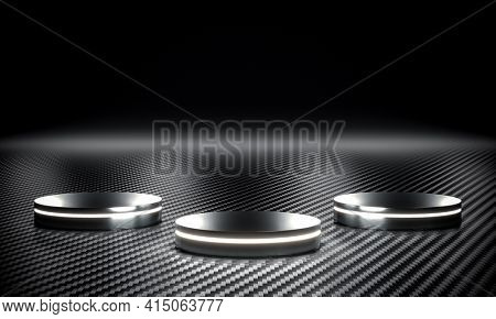 metallic podium with led luge and carbon fiber background. 3d render.